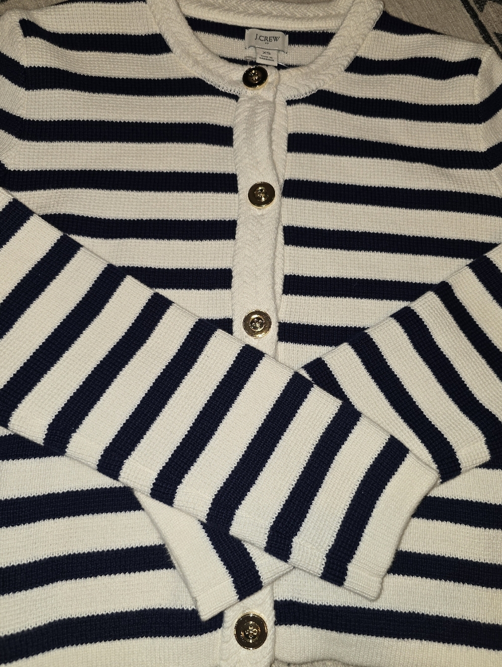 NWT J.Crew Factory Striped cotton lady jacket cardigan sweater ivory navy XS - Picture 11 of 12